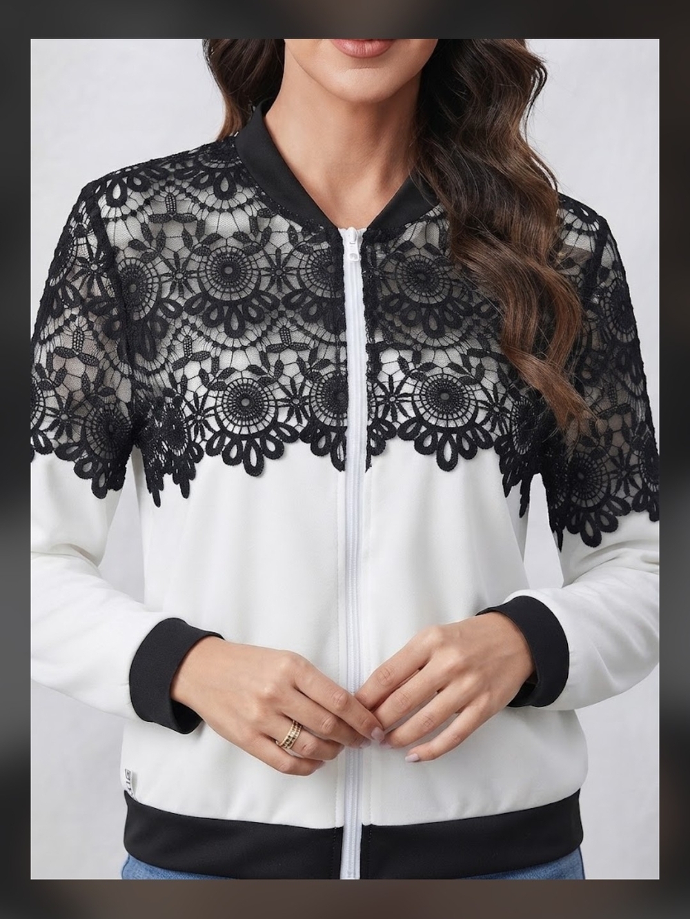 ChicMe Black White Lace Floral Bomber Jacket Full Zip US Size 14 / XL